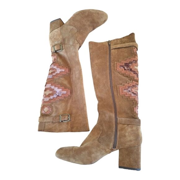 Gianni Bini Boots Southwestern Boho Leather Knee High Aztec Embroidered Suede 10 - Picture 8 of 16